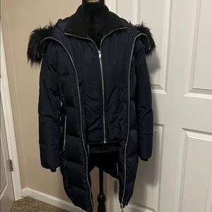 Donna Karan Navy Puffer Jacket with Faux Fur Hood